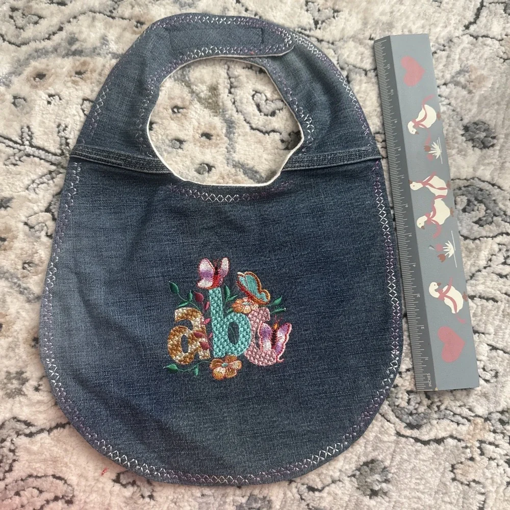 Infant Baby Denim Cloth Bib W/ Embroidery With Adjustable Closure